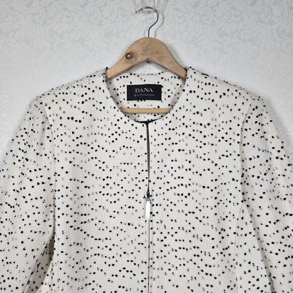 VTG Dana Buchman Wool Blend Jacket sz 14 Ivory Black Zip Up Front Made in Italy - Picture 2 of 15
